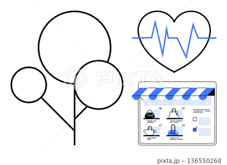 Ecommerce, environment, health, online shopping, medical technology, sustainability. Heartbeat line, tree symbol and online store page. Ecommerce and environment concept 136550268