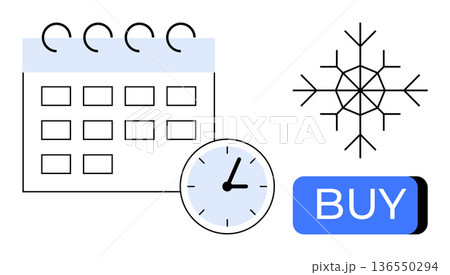 Seasonal sales, timing, e-commerce, winter holidays, marketing strategies, shopping habits. A calendar, clock snowflake and a buy button. Seasonal sales and timing concept Seasonal sales, timing, e-commerce, winter holidays, marketing strategies, shopping habits. A calendar, clock snowflake and a buy button. Seasonal sales and timing concept 136550294
