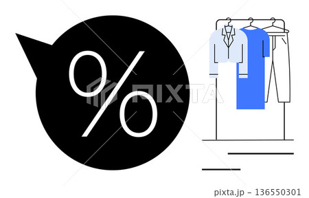 Discounts, sales, shopping, retail marketing, apparel promotions, fashion deals. Large percentage symbol beside clothing rack with shirts and pants. Discounts and sales promotion concept 136550301