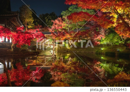 Kodaiji temple corridor across pond with colorful autumn leaf, Kyoto 136550443