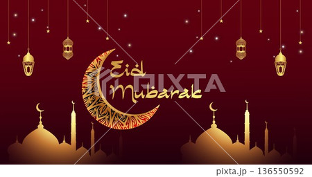 Eid Mubarak Celebration with Crescent Moon and Mosque 136550592