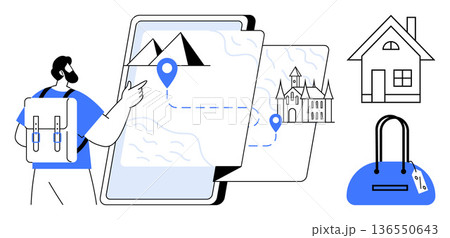 Travel planning, vacation destinations, trip navigation, adventure tourism, map exploration, lifestyle planning. Man pointing at a map with marked locations. Travel planning and vacation destinations 136550643