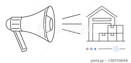 Logistics, inventory, delivery, communication, supply chain, warehouse coordination. Loudspeaker transmitting to a warehouse with boxes. Logistics and inventory management theme 136550648