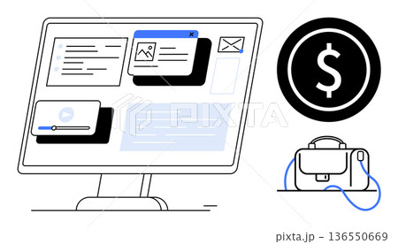 Remote work, business management, financial planning, e-commerce, web design, and software tools. A computer screen with panels, a dollar symbol and a briefcase icon. Remote work and business 136550669