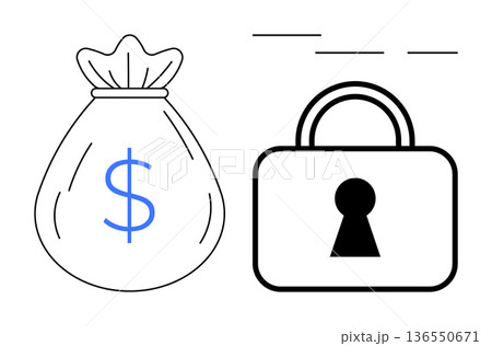 Finance, banking, cybersecurity, savings, protection, secure transactions. Money bag with dollar sign and lock with keyhole. s savings and financial security concepts Finance, banking, cybersecurity, savings, protection, secure transactions. Money bag with dollar sign and lock with keyhole. s savings and financial security concepts 136550671