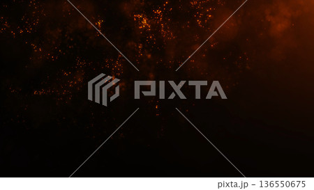 Hot glowing orange sparks and ember particles in dark smoky atmosphere. Intense fire energy texture with dramatic light and cinematic heat mood, abstract glowing background, high detail 4K image. 136550675
