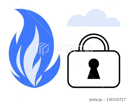 Online security, cloud technology, firewall protection, data privacy, cybersecurity, digital safety. Blue flame, padlock with keyhole and cloud elements. Firewall protection and cloud technology Online security, cloud technology, firewall protection, data privacy, cybersecurity, digital safety. Blue flame, padlock with keyhole and cloud elements. Firewall protection and cloud technology 136550727