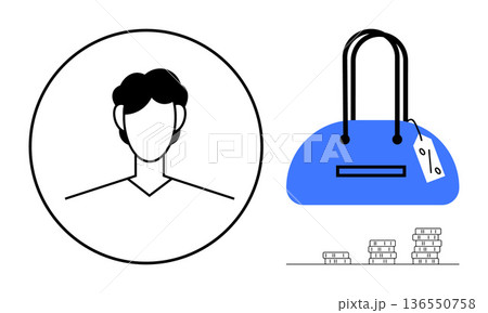 Consumer behavior, shopping trends, online purchases, identity verification, e-commerce, financial planning. Circular person icon alongside a price-tagged blue bag with coins. Consumer behavior 136550758