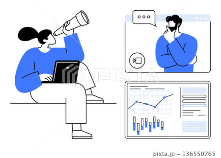 Business planning, remote work, teamwork, data analysis, strategy, growth insights. Person with laptop using a telescope, virtual meeting and analytics chart. Business planning and remote work 136550765