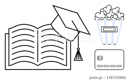 Education, entertainment, financial literacy, learning, graduation, lifestyle. Open book with graduation cap, popcorn credit card. Education and financial literacy concept Education, entertainment, financial literacy, learning, graduation, lifestyle. Open book with graduation cap, popcorn credit card. Education and financial literacy concept 136550968