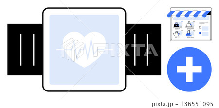 Healthcare, fitness tracking, online shopping, telemedicine, wearable technology, digital health. Smartwatch showing heartbeat, storefront medical cross. Healthcare and fitness tracking concepts 136551095