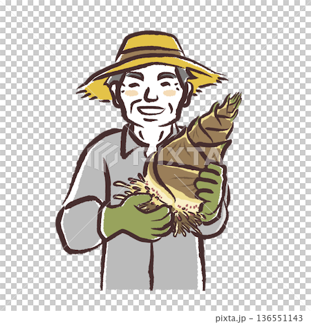 一幅筆觸描繪的笑容可掬的資深男性製片人，手中拿著剛挖出的竹筍。 136551143