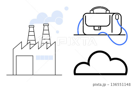 Industry, remote work, cloud computing, business innovation, technology solutions, manufacturing. A factory, a briefcase and a cloud in minimalistic style. Remote work and cloud computing concept 136551148