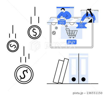 E-commerce, online shopping, financial savings, cashback offers, consumer behavior, digital payment. Coins descending alongside a shopping cart and cashback icons. E-commerce and financial savings E-commerce, online shopping, financial savings, cashback offers, consumer behavior, digital payment. Coins descending alongside a shopping cart and cashback icons. E-commerce and financial savings 136551150
