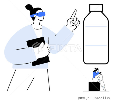 Futuristic technology, virtual reality, innovation, smart devices, product design, user interaction. Person wearing VR glasses pointing at a water bottle with a sitting figure. Futuristic technology Futuristic technology, virtual reality, innovation, smart devices, product design, user interaction. Person wearing VR glasses pointing at a water bottle with a sitting figure. Futuristic technology 136551159