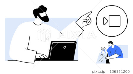 Digital media, online tutorials, UX design, education, technology guidance, remote learning. A user sitting at a laptop pointing at a video icon. Digital media and online tutorials concept 136551200