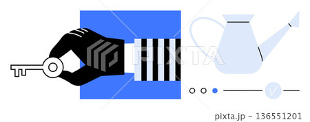 Growth, security, opportunity, innovation, progress, protection. A hand holding a key alongside a watering can and progress indicator. Growth and security concepts explored 136551201