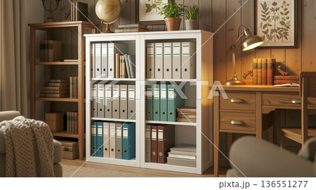 A cozy home office or study with a wooden bookshelf full of old books, a white organizer with files, a wooden desk with a lamp, and an armchair 136551277