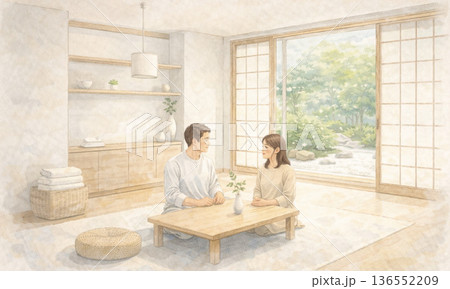 明るい洋室でくつろぐ若い夫婦の穏やかな時間 136552209