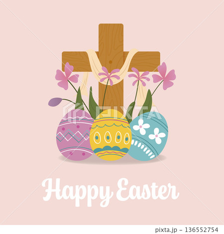 Happy Easter Day Christian Cross with Flowers and Eggs.Vector Illustration Happy Easter Day Christian Cross with Flowers and Eggs.Vector Illustration 136552754