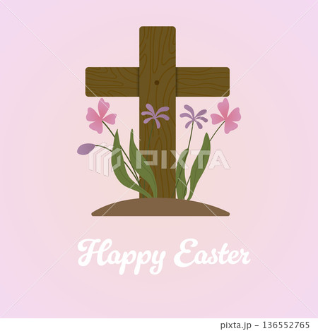 Happy Easter Day Christian Cross and Spring Flowers Greeting.Vector Illustration Happy Easter Day Christian Cross and Spring Flowers Greeting.Vector Illustration 136552765