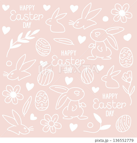 Seamless pattern drawing featuring white line art bunny, decorated eggs, hearts, and flowers on a soft beige background. Seamless pattern drawing featuring white line art bunny, decorated eggs, hearts, and flowers on a soft beige background. 136552779