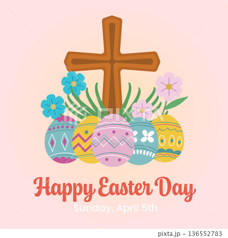 Happy Easter Day Christian Cross and Eggs Greeting.Vector Illustration Happy Easter Day Christian Cross and Eggs Greeting.Vector Illustration 136552783