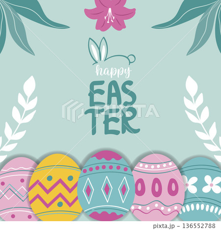 Happy Easter Day Pastel Eggs and Flowers.Vector Illustration 136552788