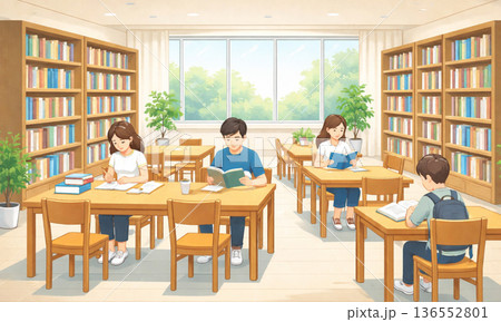 図書室で静かに勉強する子供たちのイラスト 136552801