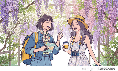 藤棚の下で観光を楽しむ女性二人の女子旅イラスト｜春の散策シーン 136552809