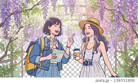 藤棚の下で観光を楽しむ女性二人の女子旅イラスト｜春の散策シーン 136552809