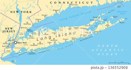 Long Island, New York state, political map. Densely populated continental island, that constitute a large part of New York City with Brooklyn and Queens, and extending into the Atlantic Ocean. Vector 136552908