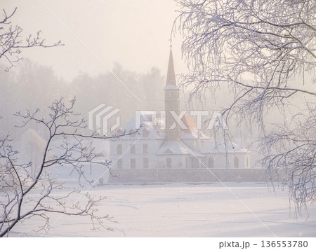 The famous Priory Palace during winter In a frosty sunny haze. The famous Priory Palace during winter In a frosty sunny haze. 136553780
