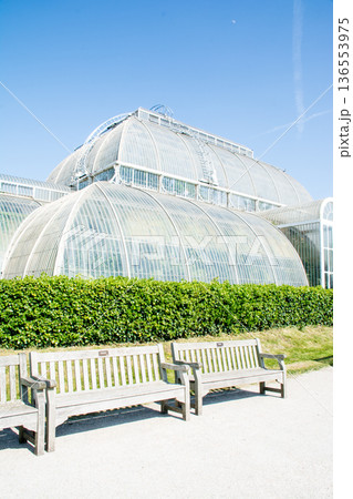快晴の明るい日差しの下の大きなガラス張り温室　ロンドン郊外のキューガーデンにて　 136553975