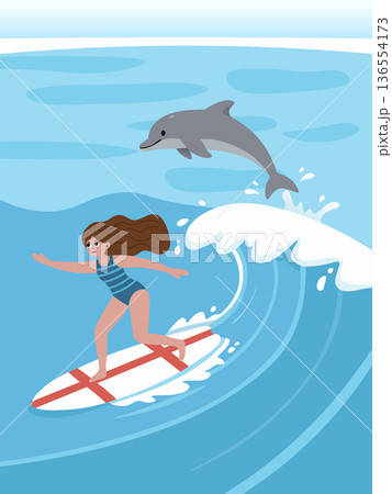 Joyful surfer girl riding an ocean wave alongside a playful dolphin, perfect for summer, marine life, and adventure themes 136554173