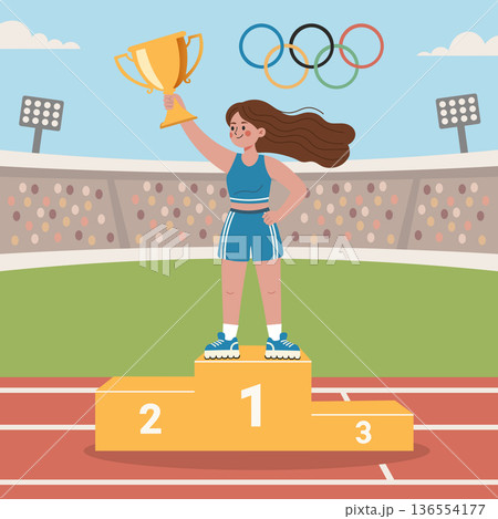 Victorious olympic champion standing proudly on the podium holding golden trophy. Vector illustration for sports and achievement themes Victorious olympic champion standing proudly on the podium holding golden trophy. Vector illustration for sports and achievement themes 136554177