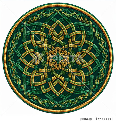 Intricate Celtic Knot Illustration in Green and Gold Ornamental Circle 136554441