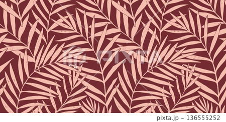 Seamless vector pattern palm dypsis leaves. Summer palm leaves tropical fabric design. Dypsis lutescens seamless pattern. Vector endless illustration. Vector banner. 136555252