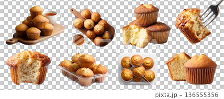 Set of plain muffin, classic basic quick bread, cake in a cup-shaped container, fork, Wooden serving board with tea, plastic container, stack pile broken bitten, transparent cutout PNG. Many mockup 136555356