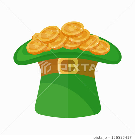Green leprechaun hat with gold coins at a traditional Irish celebration of St. Patricks Day. Gold coins symbolize wealth and good luck. A hat filled with gold coins featuring a clover Green leprechaun hat with gold coins at a traditional Irish celebration of St. Patricks Day. Gold coins symbolize wealth and good luck. A hat filled with gold coins featuring a clover 136555417