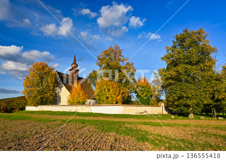 The Chapel of the Mother of God. City of Brno, Czech Republic - Europe. Beautiful autumn landscape. Brno dam and sunset at the golden hour. Autumn season October. The Chapel of the Mother of God. City of Brno, Czech Republic - Europe. Beautiful autumn landscape. Brno dam and sunset at the golden hour. Autumn season October. 136555418
