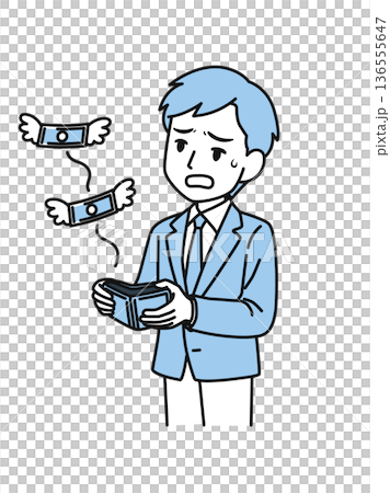 插畫素材：一位商人看到錢包裡的錢飛出來時感到失望 136555647
