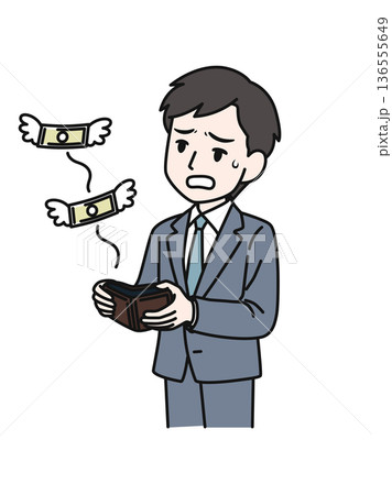 財布からお金が飛び立つのを見てガッカリするビジネスパーソンの男性のイラスト素材 財布からお金が飛び立つのを見てガッカリするビジネスパーソンの男性のイラスト素材 136555649