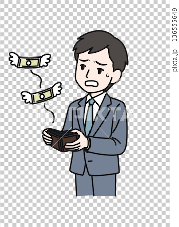 財布からお金が飛び立つのを見てガッカリするビジネスパーソンの男性のイラスト素材 財布からお金が飛び立つのを見てガッカリするビジネスパーソンの男性のイラスト素材 136555649