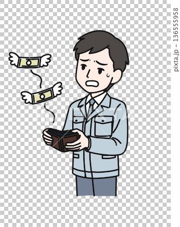 Illustration material of a man in a technical job in work clothes who is disappointed to see money flying out of his wallet 136555958