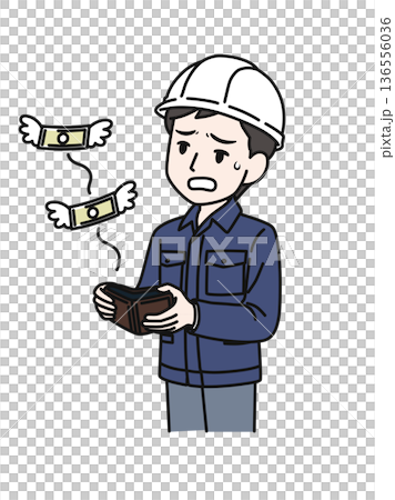 Illustration of a man in work clothes wearing a helmet who is disappointed to see money flying out of his wallet Illustration of a man in work clothes wearing a helmet who is disappointed to see money flying out of his wallet 136556036