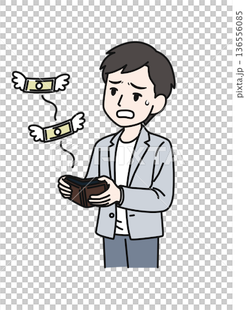 Illustration of a casual man disappointed as he sees money flying out of his wallet 136556085