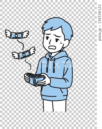 財布からお金が飛び立つのを見てガッカリするカジュアルな服装の男性のイラスト素材 136556122