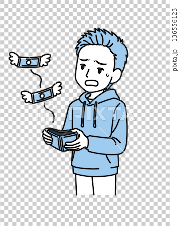 財布からお金が飛び立つのを見てガッカリするカジュアルな服装の男性のイラスト素材 財布からお金が飛び立つのを見てガッカリするカジュアルな服装の男性のイラスト素材 136556123