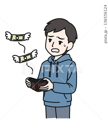 財布からお金が飛び立つのを見てガッカリするカジュアルな服装の男性のイラスト素材 136556124